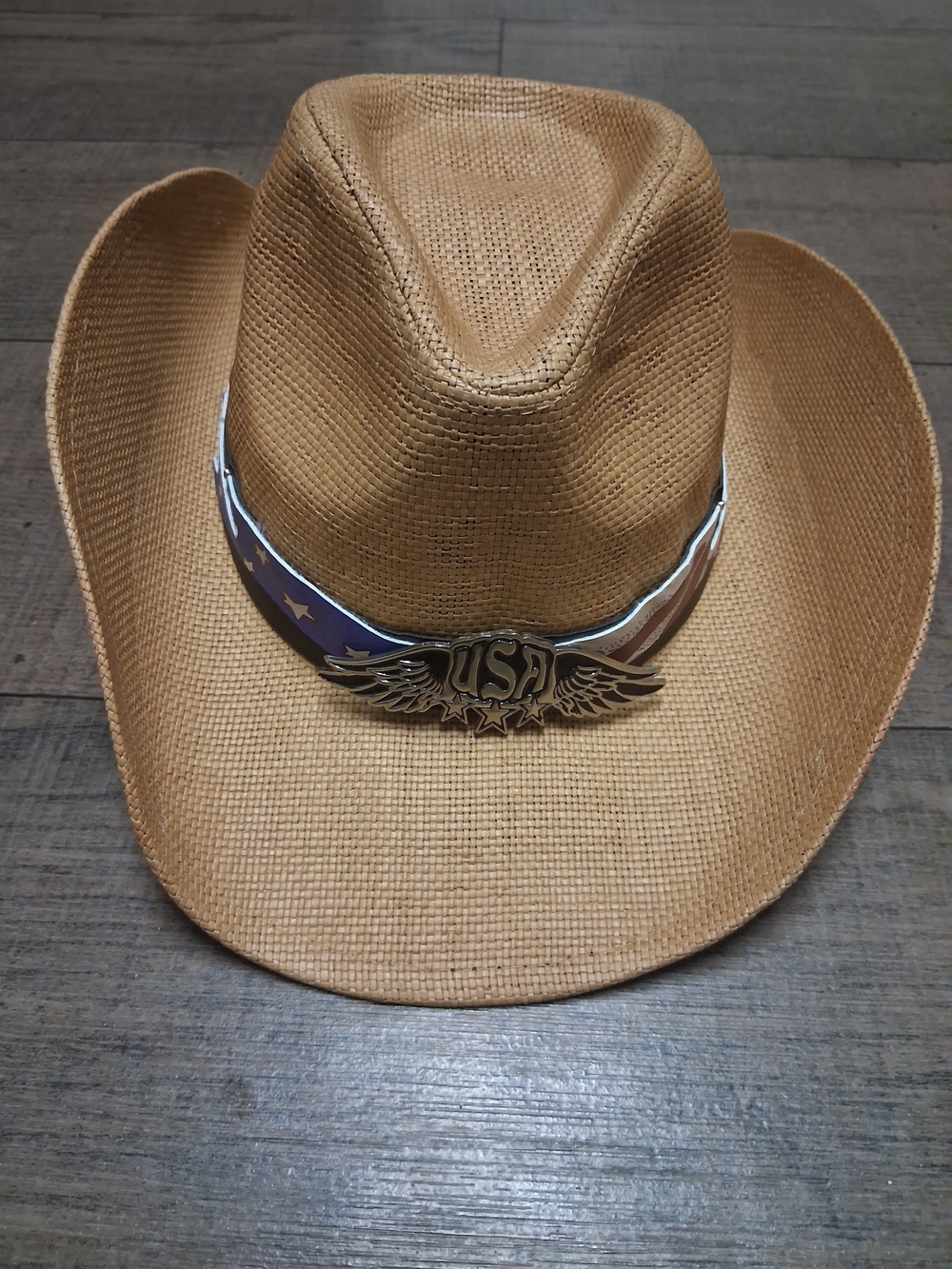 Tan Straw Patriotic Cowboy Hat with USA  Buckle Americana 4th Of July